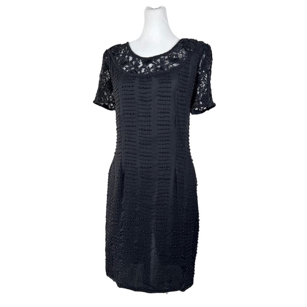 Vintage ‘90s Jennifer by K.V.M. Black Beaded Short Sleeve Knee Length Dress
